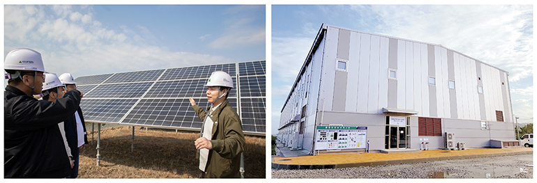 65㎿의 태양광과 130㎿h의 ESS(Energy Storage System, 에너지 저장 시스템)로 구성되어 있는 서산 태양광 발전소. 연간 약 3만1000tCO2-eq(이산화탄소환산톤)의 탄소 절감 효과를 냅니다(좌). ESS 설비 외관. ESS는 낮에 생산된 전력을 충전하고 야간에 송전해 시간‧날씨 등 외부 상황의 영향을 크게 받는 재생에너지를 안정적으로 공급할 수 있도록 돕습니다.